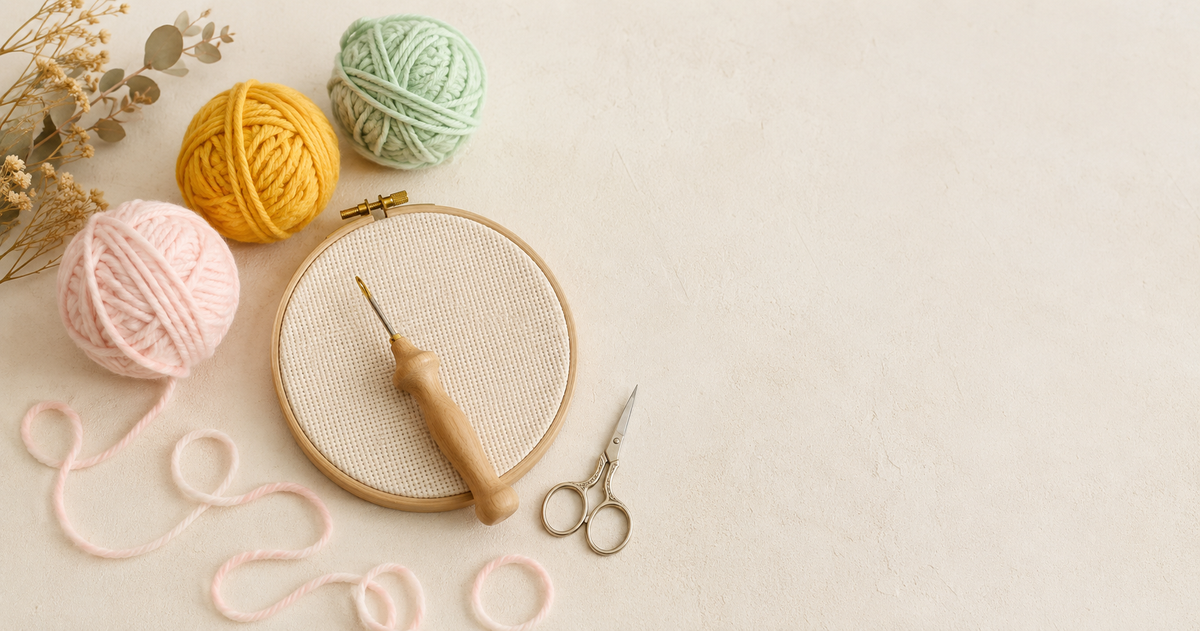 Matériel pour débuter le punch needle : aiguille Opry, tambour en bois, laine colorée et tissu Monk's cloth sur fond crème