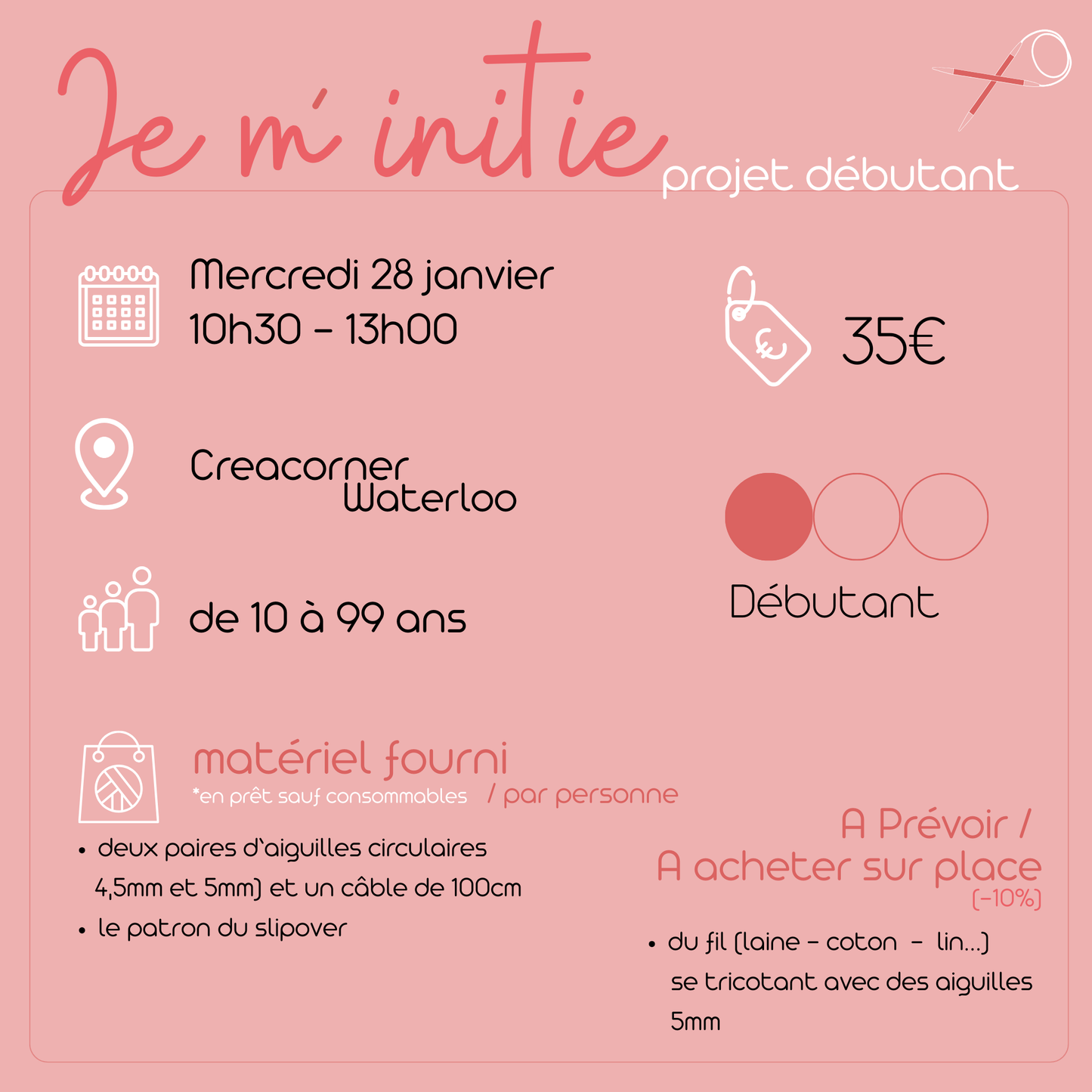 28/01 Tricot circulaire : initiation et perfectionnement - CREACORNER (Waterloo)