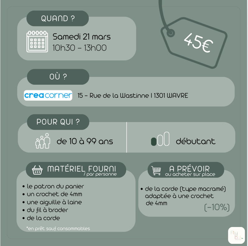 21/03 Crochet : panier lapin de Pâques en corde - CREACORNER (Wavre)