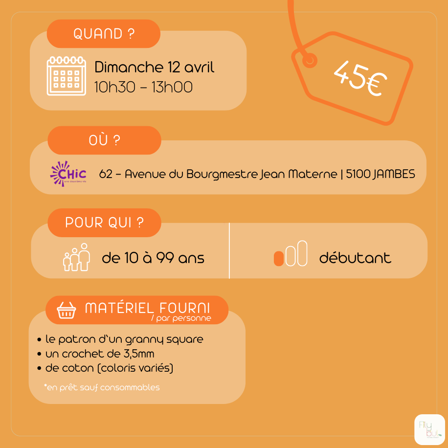 12/04 Crochet : granny square, initiation et assemblage - Chic une deuxième vie (Jambes)